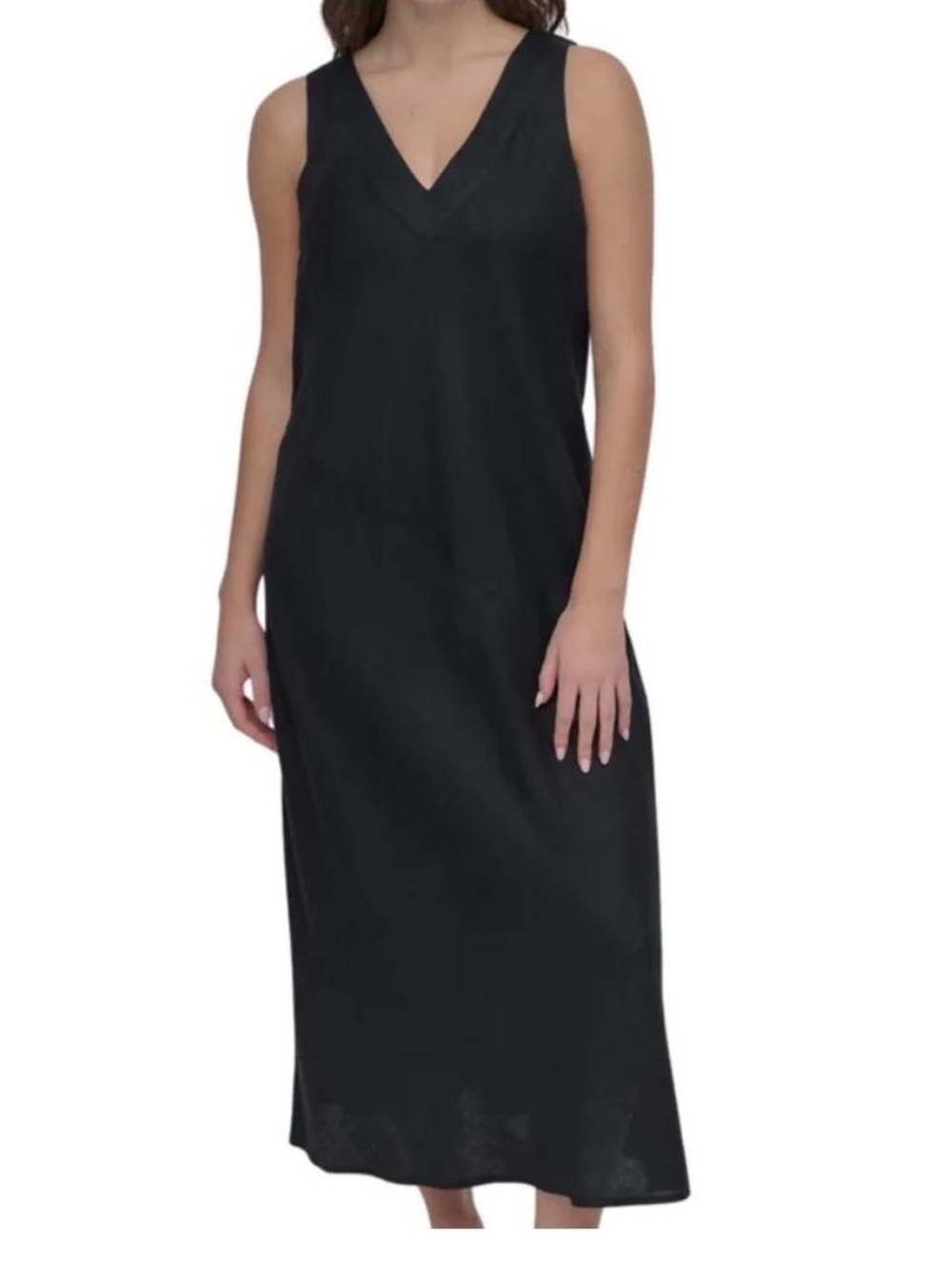 DKNY Linen Blend Black Maxi Dress size Large V-Neck Sleeveless Shift